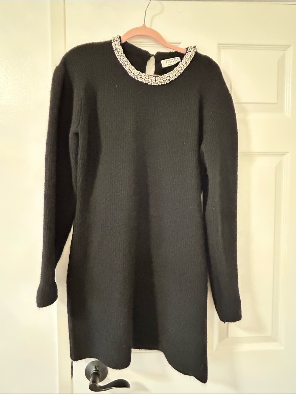 Brunette The Label Black Long-Sleeve Knit Dress with Crystal Collar